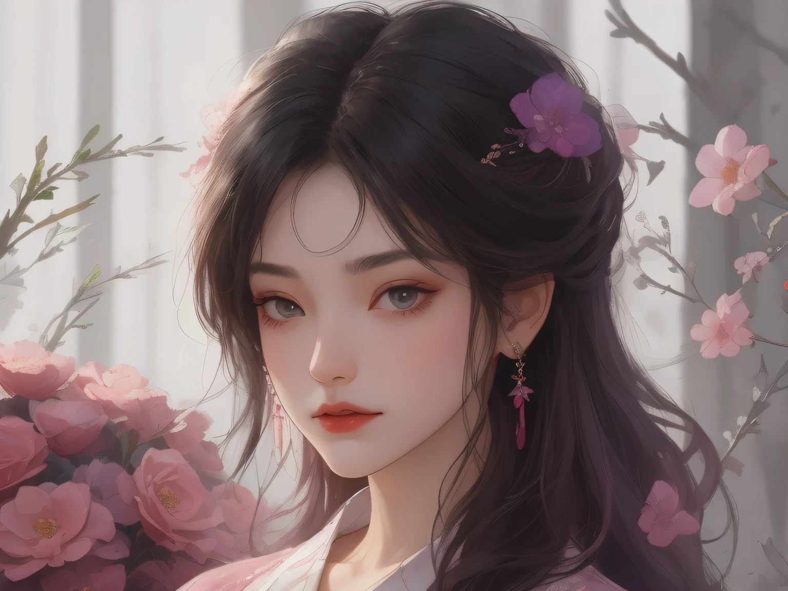 1 flat-chested girl,Close-up of upper body portrait,Black color hair,floated hair,Hazy beauty,Extremely beautiful facial features,Purple embroidered light gauze dress,with a hairpin on her head,Lying in the flowers,Perfect anatomy,White flowers,(springtime, Rainy days, terraced, mountain ranges), Simple vector art, Contemporary Chinese art, the soft light, Tangled scarf,Overlooking