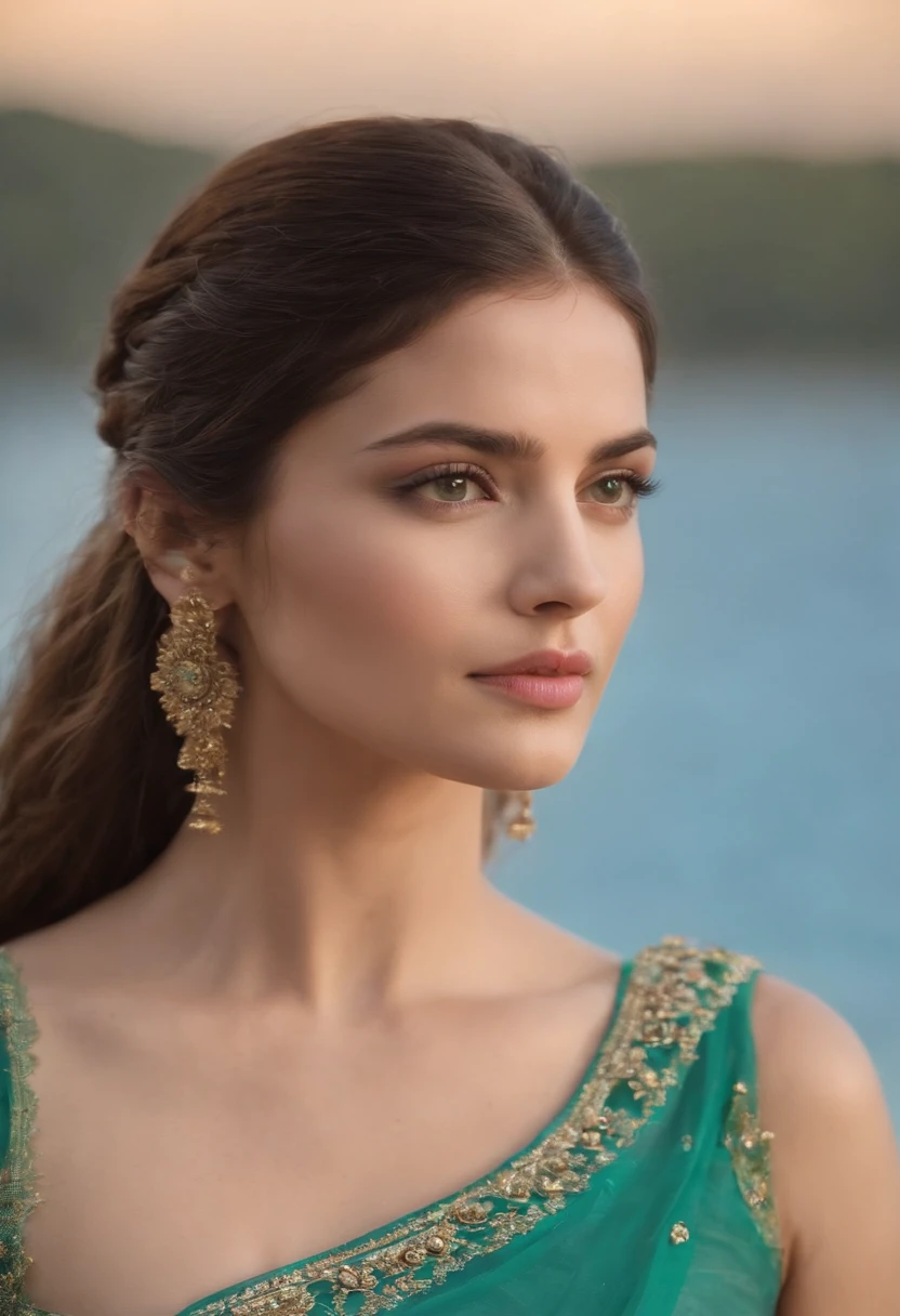 Jovem mulher de 25 anos,Com cabelo ruivo longo e cacheado sedoso e macio,Olho azul detalhado e perfeito,Sarda no rosto,Ultra Perfection,Qualidade de cinema,Vestindo um vestido verde agua longo,Com uma flor detalhada e perfeita no cabelo,Em um templo antigo,Ultra HD,flawless lighting,Mega HD,Ultra 4K