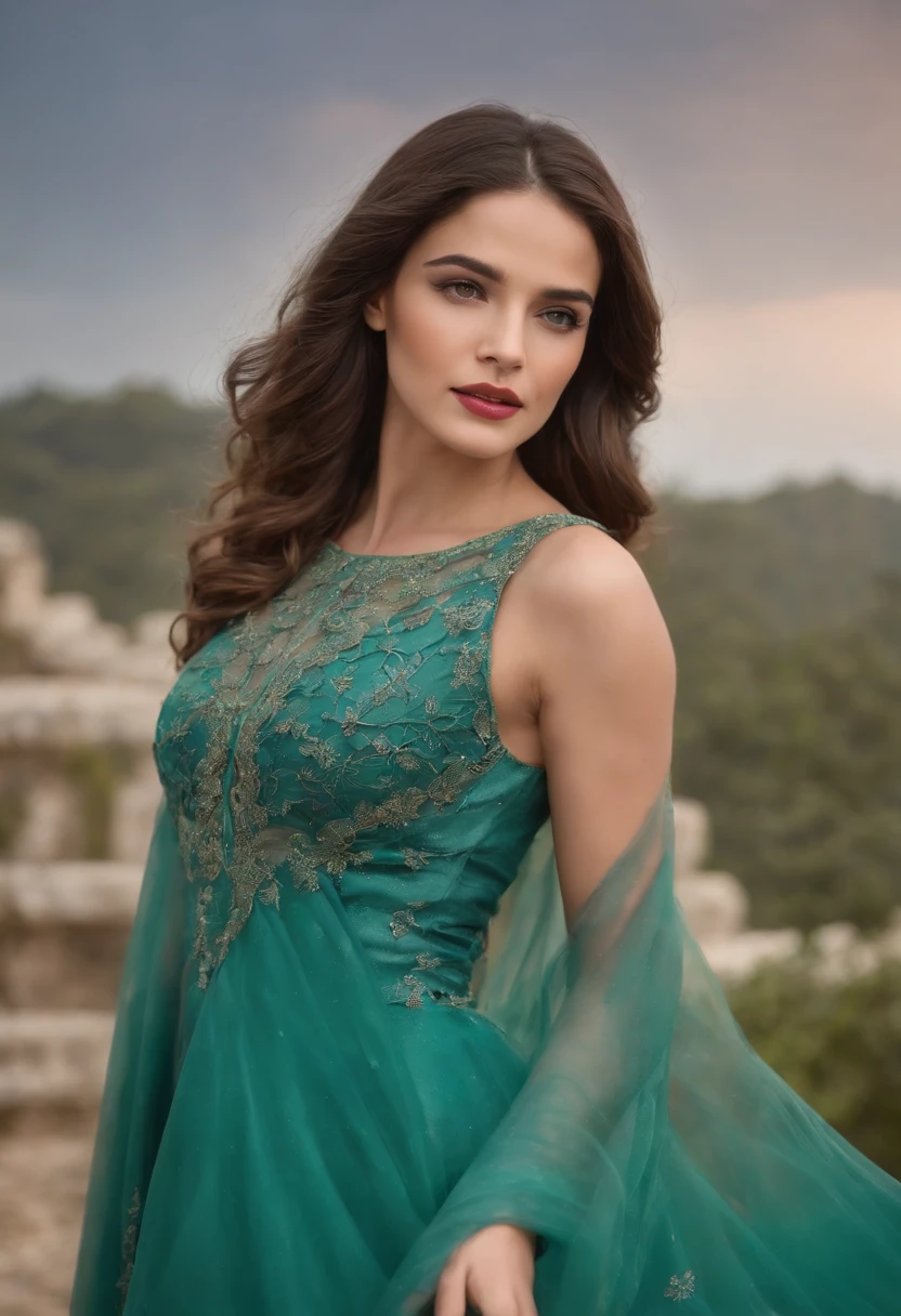 Jovem mulher de 25 anos,Com cabelo ruivo longo e cacheado sedoso e macio,Olho azul detalhado e perfeito,Sarda no rosto,Ultra Perfection,Qualidade de cinema,Vestindo um vestido verde agua longo,Com uma flor detalhada e perfeita no cabelo,Em um templo antigo,Ultra HD,flawless lighting,Mega HD,Ultra 4K
