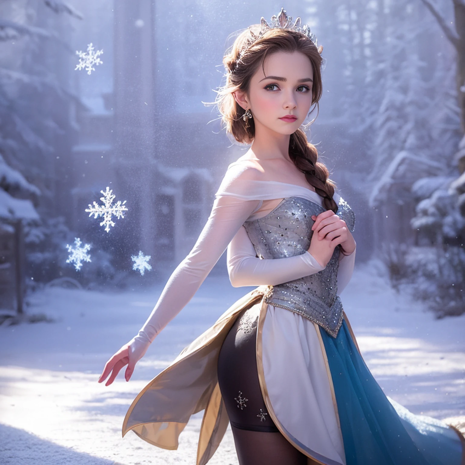 There's a young woman dressed in a frozen princess costume, Retrato de Elsa de Arendelle, Retrato de Elsa de Frozen, Elsa bonita, Elsa, princesa de inverno, Elsa, Frozen, Elsa Congelada, Disney foto realista, Disney fotorrealista, Emma Watson como a Rainha do Gelo, Princesa do gelo, Rainha do Inverno, filme klaus congelado, retrato de weta disney, A Rainha do Gelo