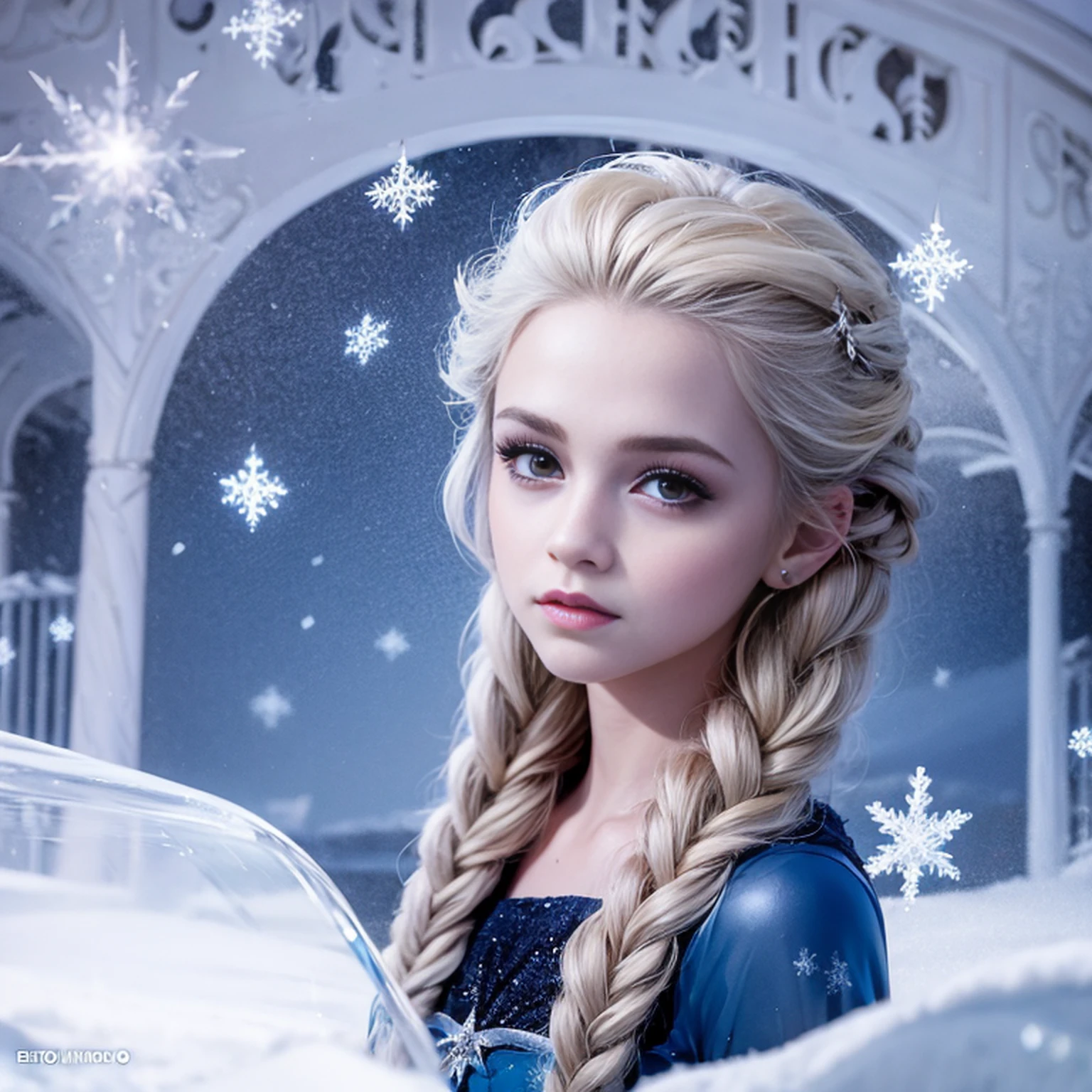 Frozen、movie、Frozen(Professional Lighting)(8K 、RAW Photos、top-quality、masterpiece)、(realisitic、Photorealsitic:1.37)、ultra-detailliert、女の子 1 人、cute little、Soio、Beautiful detailed snow sky、