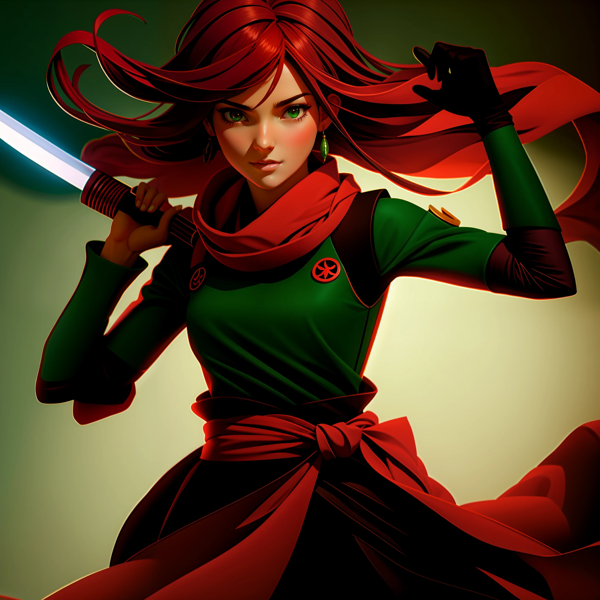 a female ninja holding a sword with both hands, em um dojo, very diabolical clothes, esquema de cores vermelho e verde, ela tem cabelos ruivos, red scarf,, proportion Aurea, Detalhe falso, trending pixiv fanbox, acrylic palette knife, estilo de makoto shinkai studio ghibli genshin impact james gilleard greg rutkowski chiho aoshima
