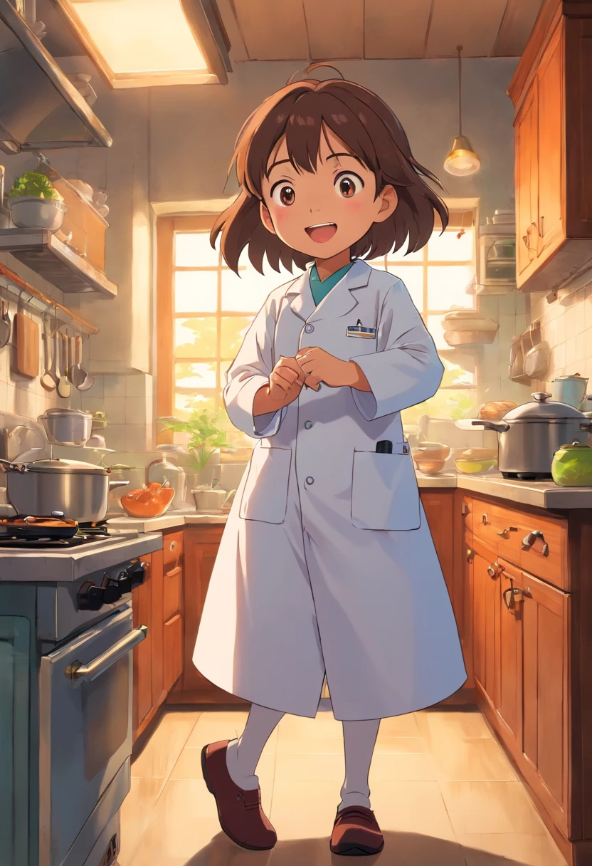 Generate the first image of a with Indian features who excitedly entered a kitchen, wearing a lab coat
gibli studio style
