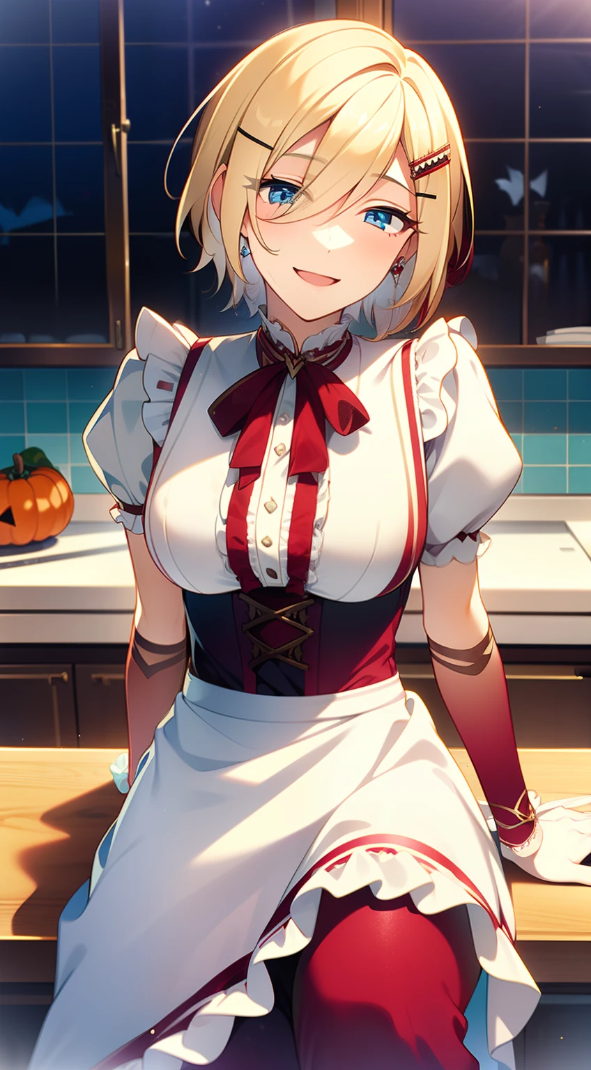 Female((18year old)), hair((blonde, short)), eyes((smart eyes, blue)), clothes((frilly, see through clothes, red, maroon)), hair ribbon, chocker, earrings, cute hair clip, smiling, gigantic boobs, classic house((kitchen)), happy, open mouth, sitting on table, Halloween ornaments,