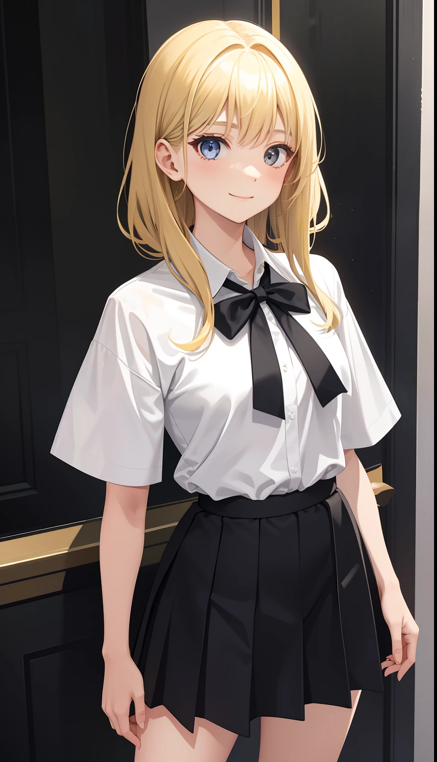 1girl in、AS-Adult、A smile、The shirt、skirt by the、(small tits)、Upper body portrait、(blonde hair)、