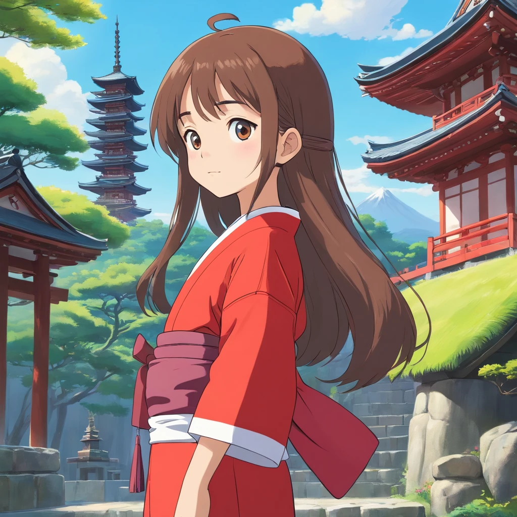 7 years old Japanese girl, Long hair, Front view, full bodyesbian, Set against a Japanese temple, com arvores, rios, A very beautiful sunny day. The little girl will be wearing a red kimono, shot from a far distance，full bodyesbian，Barefoot，Heterochromia，Heteropupil