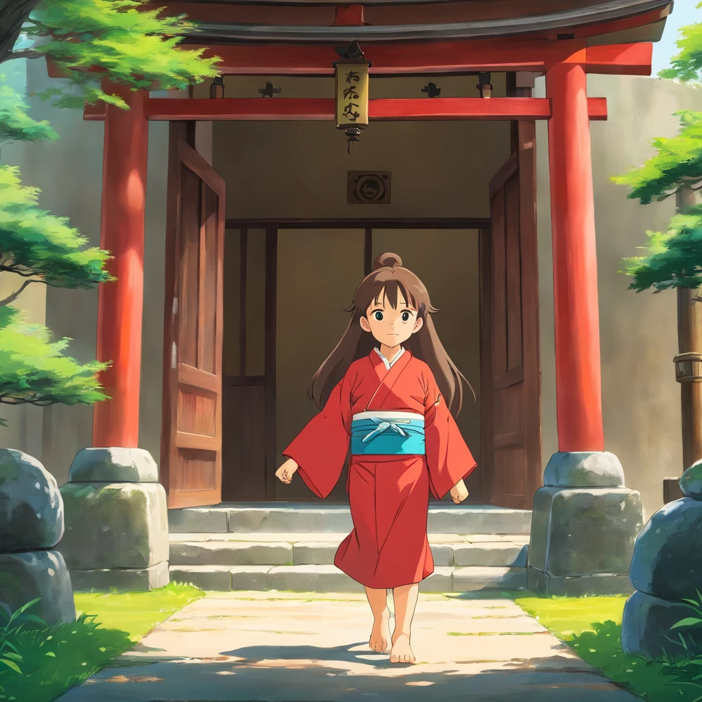 7 years old Japanese girl, Long hair, Front view, full bodyesbian, Set against a Japanese temple, com arvores, rios, A very beautiful sunny day. The little girl will be wearing a red kimono, shot from a far distance，full bodyesbian，Barefoot，Heterochromia，Heteropupil