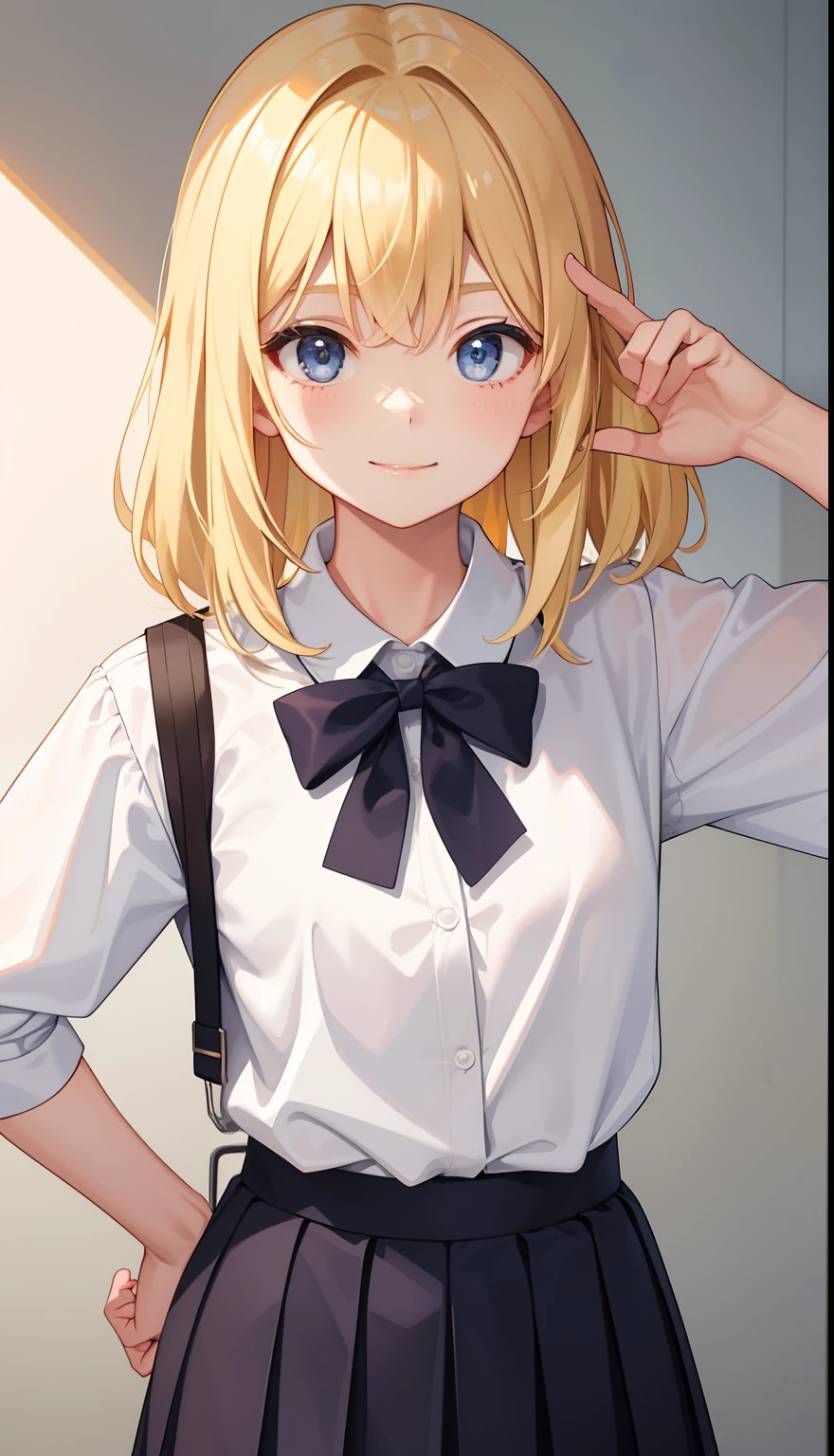 1girl in、AS-Adult、A smile、The shirt、skirt by the、(small tits)、Upper body portrait、(blonde hair)、