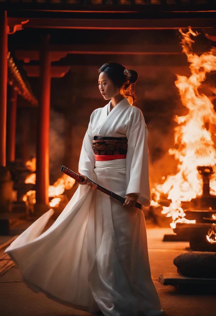 The background is a temple in Japan that is on fire.、Meia-noite、cabelos ruivos、Woman in white kimono holding Japan sword、Women are also burning