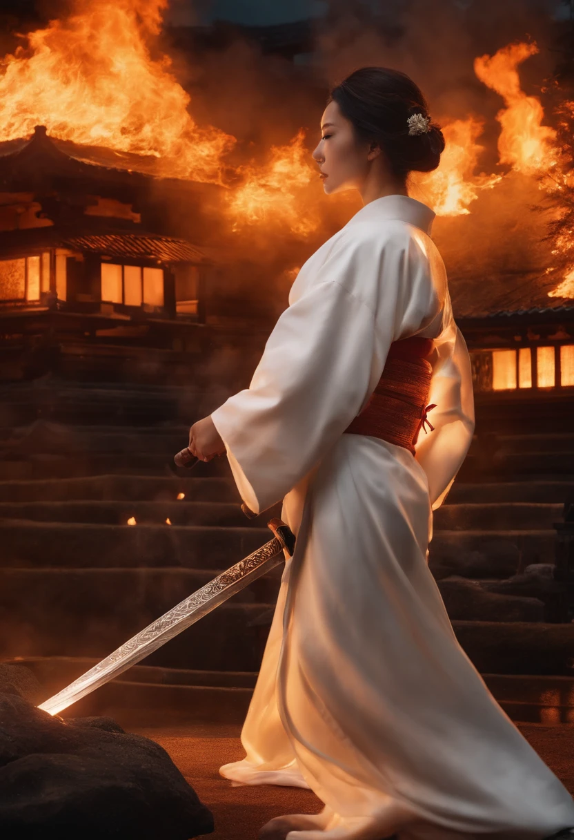 The background is a temple in Japan that is on fire.、Meia-noite、cabelos ruivos、Woman in white kimono holding Japan sword、Women are also burning
