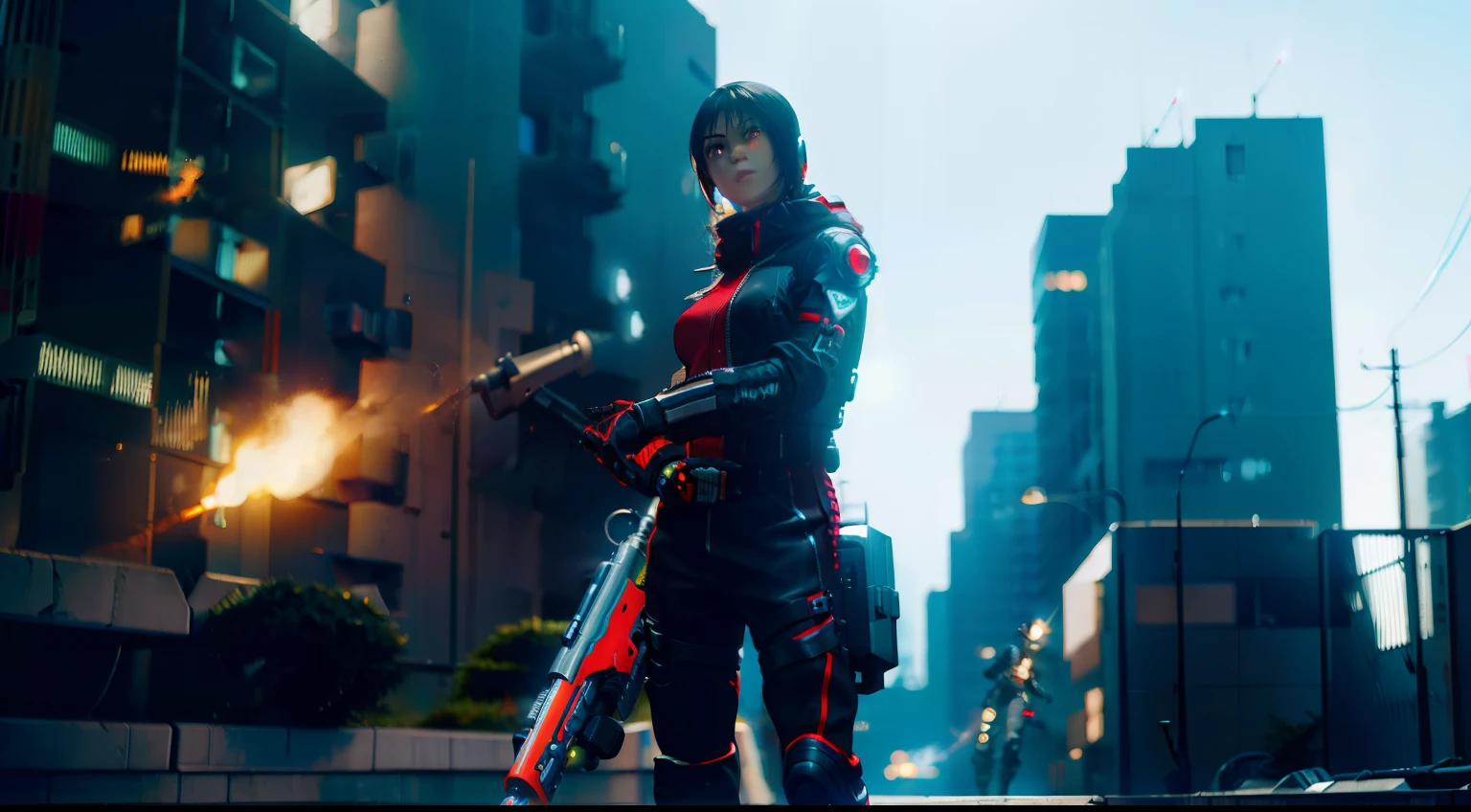 project of realistic ingame cyberpunk female assasin with flamethrower, nightvision, and electroshock gloves, jet boots