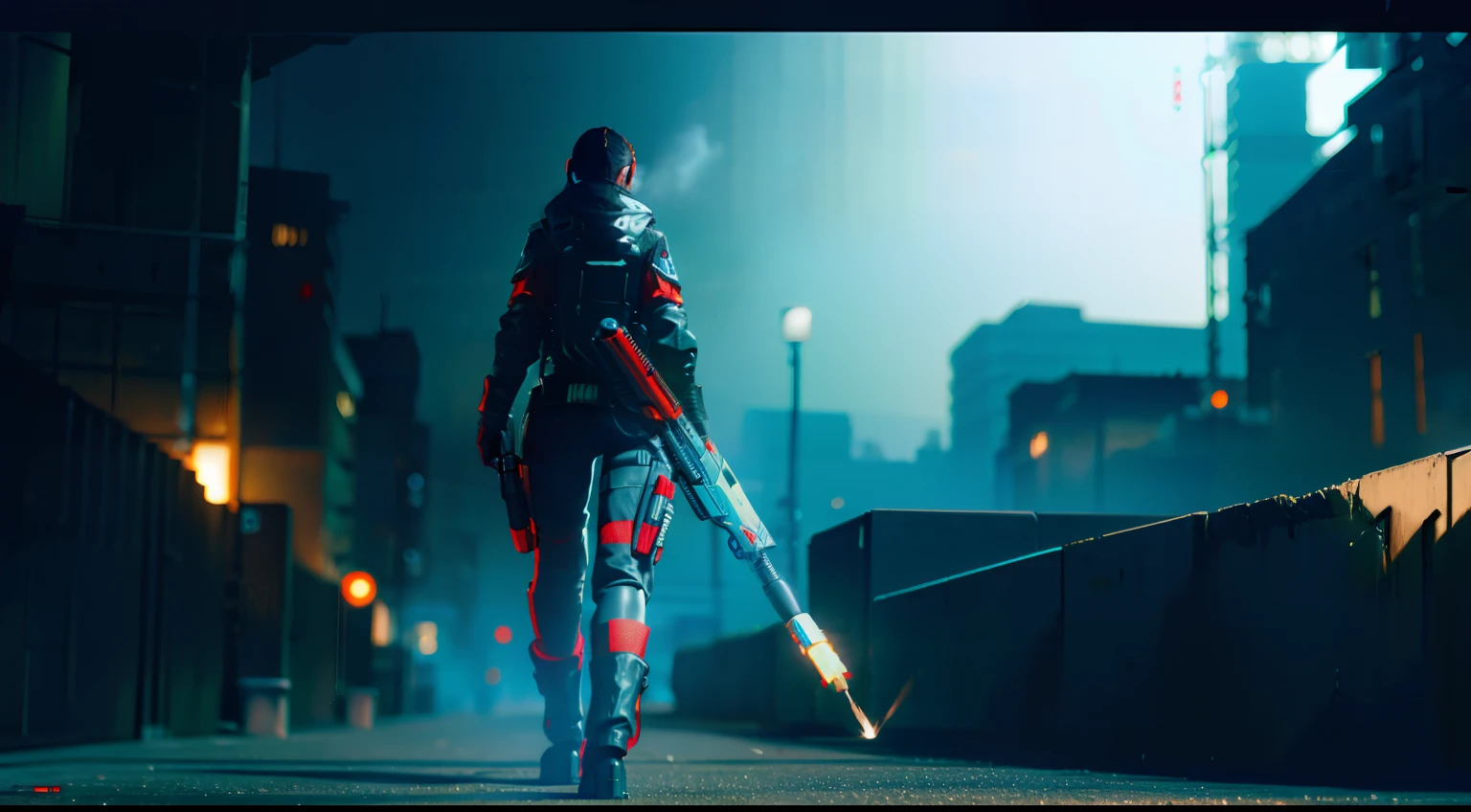 project of realistic ingame cyberpunk female assasin with flamethrower, nightvision, and electroshock gloves, jet boots
