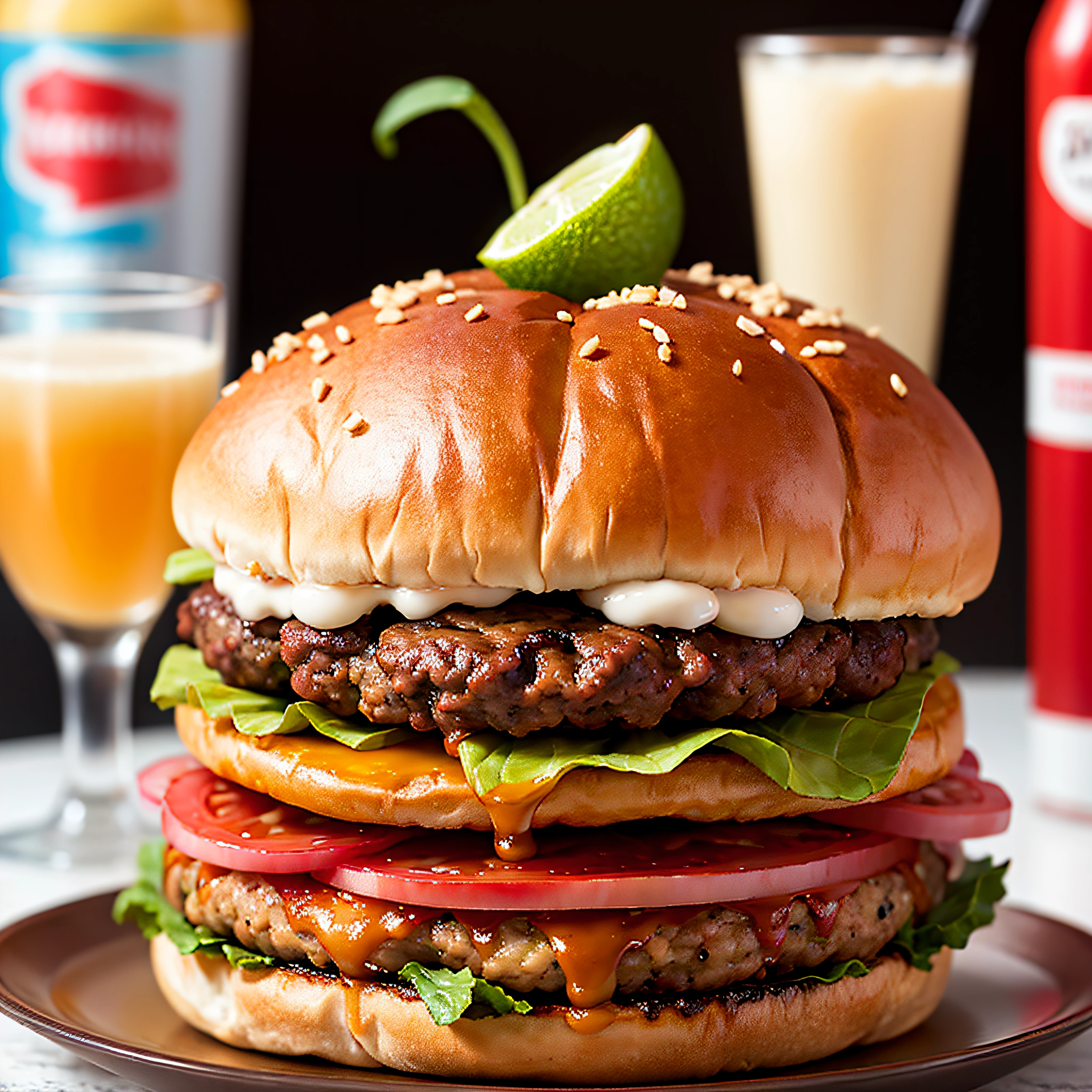 Giant burger、Parece delicioso、Suculento、qualidade superior　obra prima　超A high resolution　Bebidas