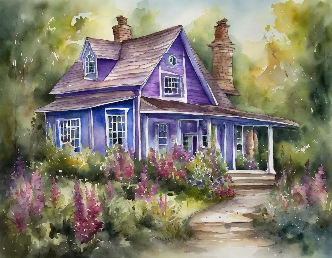 A magical purple and blue house, na floresta,