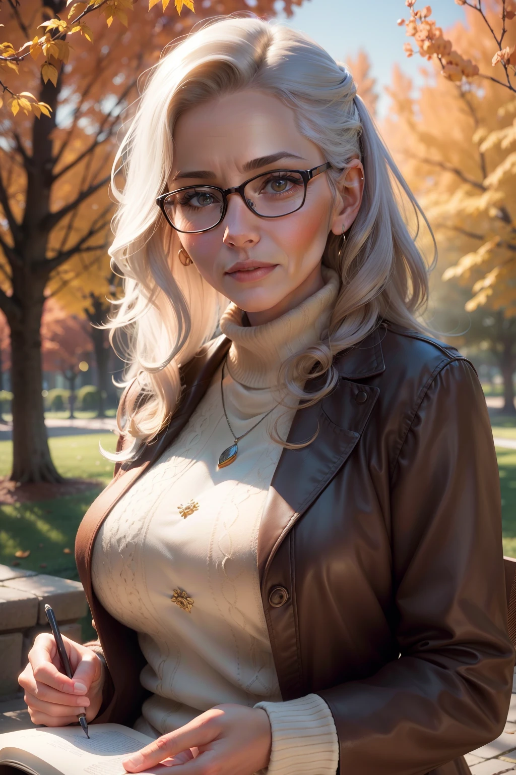 (best quality,4k,8k,highres,masterpiece:1.2),ultra-detailed,(realistic,photorealistic,photo-realistic:1.37),portrait,brown-eyed,intelligent and distinguished-looking woman in her late fifties, British, academic, professor, sophisticated, elegant attire, reading glasses, silver streaks in her hair, gentle smile, warm and compassionate expression, against a picturesque background of a historic university campus, autumn foliage in vibrant colors, soft sunlight casting a warm glow, subtle shadows adding depth and dimension, capturing the essence of wisdom and knowledge, rich color palette with earthy tones and warm hues, meticulous attention to facial features and fine lines, lifelike skin texture with natural imperfections and subtle wrinkles, realistic lighting that highlights the contours of her face, emphasizing her wisdom and experience.