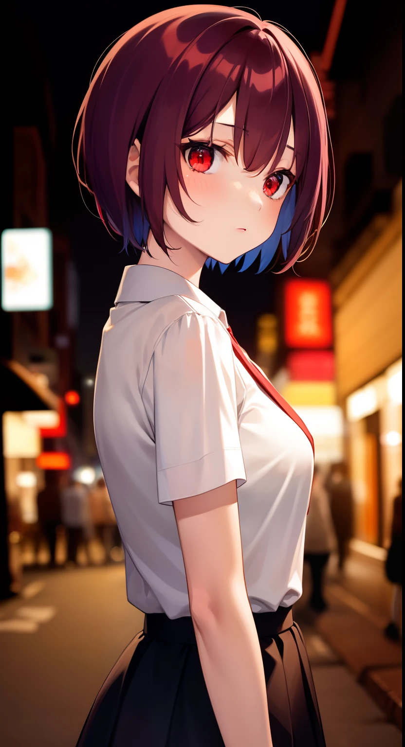 masutepiece, Best Quality, 1girl in, Short hair, Bangs, Red Eyes, Skirt, Looking at Viewer, Night, Street, neons, Looking back, Star \(skyporn\), Large crowds, Upper body