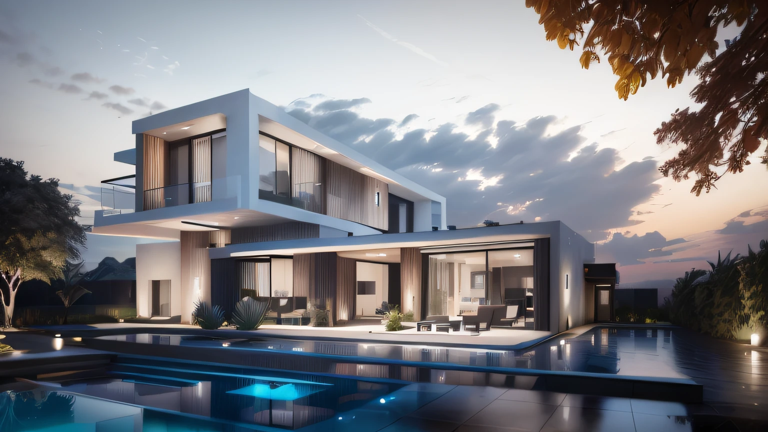 Arafed Modern House with Pool and Patio, arhitectural shot, arhitectural shot, award winning render, large modern residence, ultra moderno, contemporary architecture, casa moderna, casa contemporanea, architectural visualisation, obra-prima bem desenhada, arquitetura realista, Archviz, estilo moderno, lumion rendering, luxcore render, Directed by: Thomas Bock, design moderno