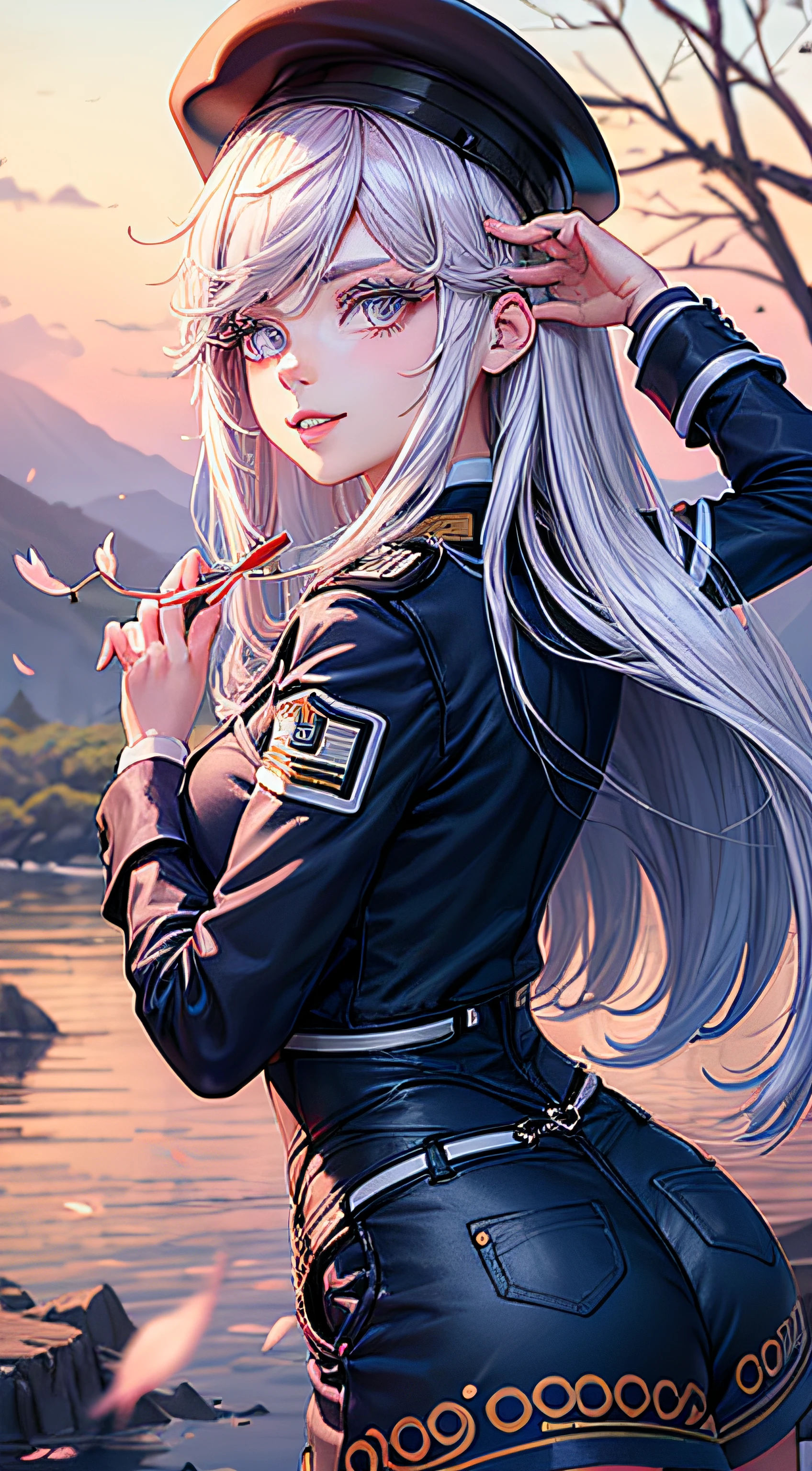 VL4D1L3N4, 1girl, uniforme, Cabello largo, militar, solamente, (realista:0.5), Obra maestra, solamente, (La mejor calidad, Detalle perfecto, Cara bellamente detallada, ojos detallados), brillante brillante, Trazado de rayos, DOF, HDR, ojos degradados, sharp eyelashes, ((lashes)), mascara, detalle_cara, lashes, cabello brillante, Coqueteando, sonrisa seductora, labios separados, senos medianos, (escote:1.3), (Soft particles floating:1.1), ((Mirando al espectador)), (Pose de Playmate:1.1), (cuerpo completo:1.1), ((Fondo de pantalla de 8k)), ((Altas Resoluciones)), (En pie:1.3) Uniforme militar, muslosaltos, Correas de liga, tiene, purple eyes, sombrero militar, Mirando al espectador, muslos blancos, senos, al aire libre, cana, chaqueta azul, chaqueta, mangas largas, pelo entre los ojos, (falda:1.3), (bosque_fondo:1.5), (flor azul:1.1), (Cherry Blossom:1.2), (flower petals:1.2),
