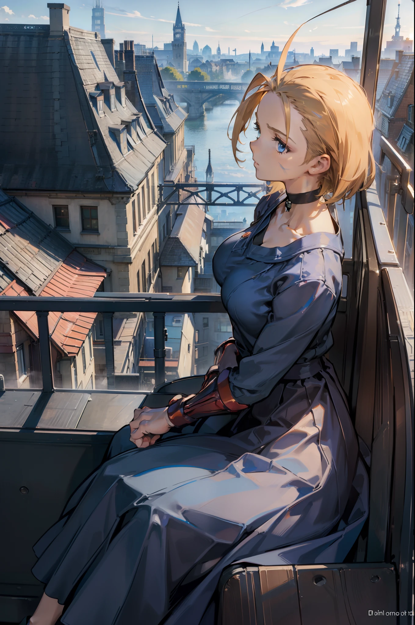 (((1girl sitting on train))),cammy white, short hair, antenna hair, blue eyes, scar on cheek, large breasts, black choker, collarbone,((pullover blue)),((long skirt black)),looking over window, (establishing shot:1.5), (side view:1.5),medium shot:1.2,post impressionism,