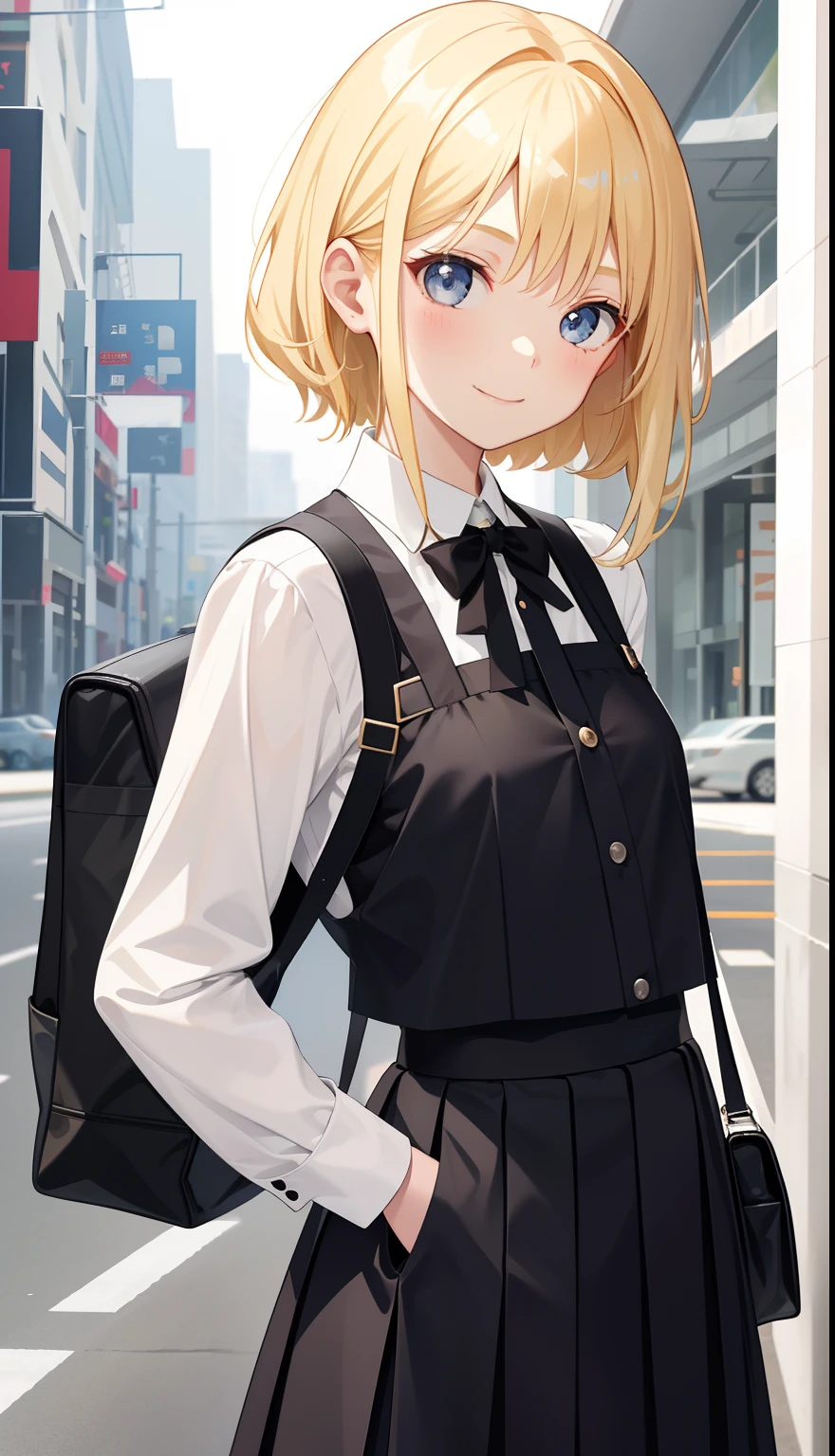 1girl in、AS-Adult、A smile、The shirt、skirt by the、(small tits)、Upper body portrait、(blonde hair)、
