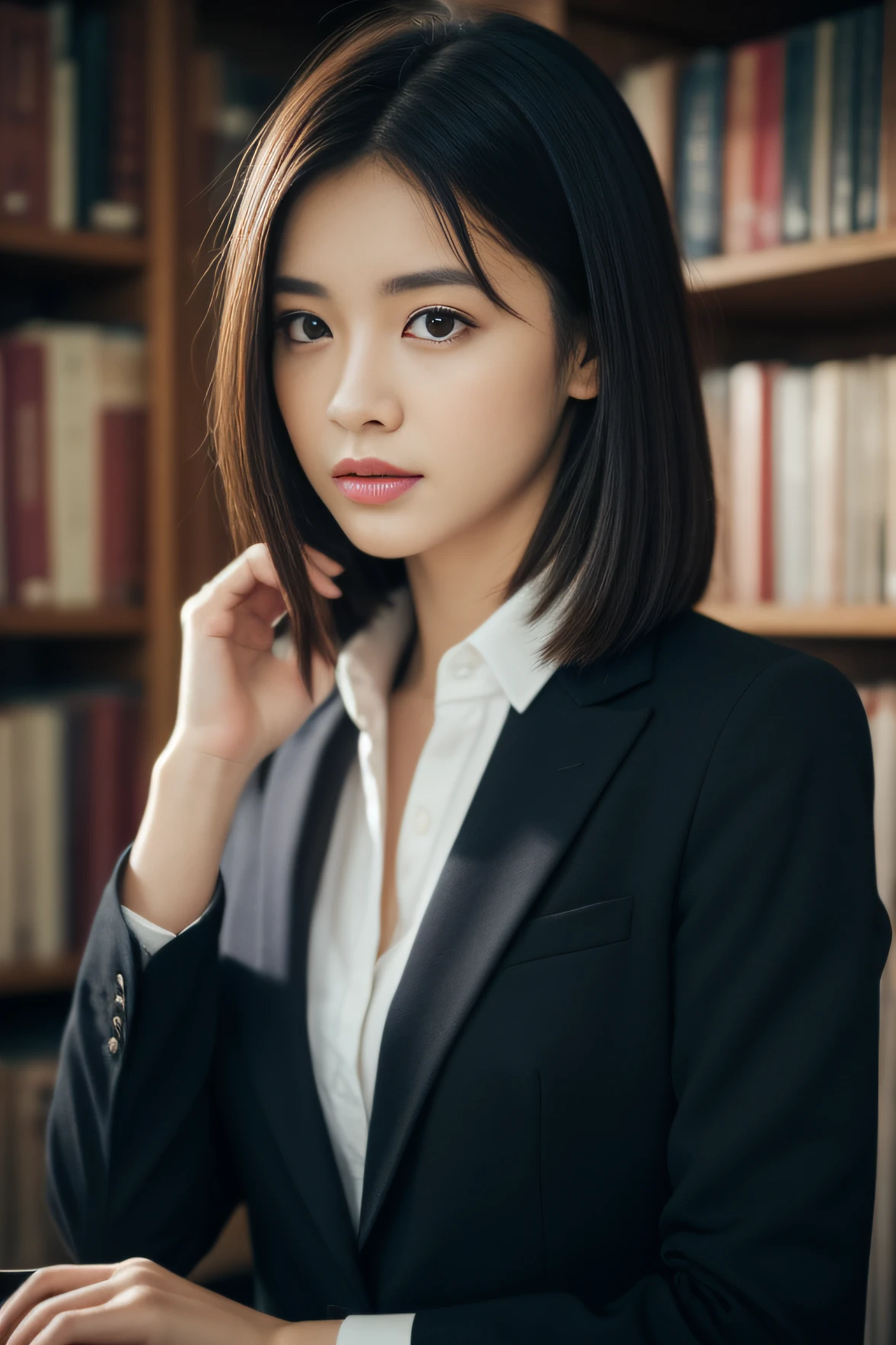 20 years girl、A dark-haired、hair between eyes、library、suit、Beautuful Women、((top-quality、8K、masterpiece:1.3))、foco nítido:1.2、An ultra-high picture quality、top-quality、masterpiece、natural soft light、The upper part of the body、