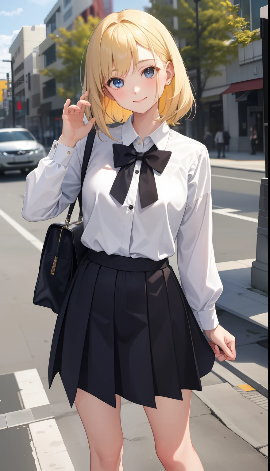 1girl in、AS-Adult、A smile、The shirt、skirt by the、(small tits)、Upper body portrait、(blonde hair)、
