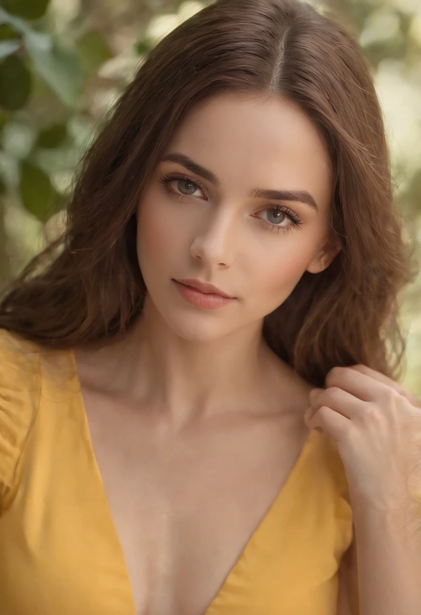 Jovem mulher de 25 anos,Com cabelo ruivo longo e cacheado sedoso e macio,Olho azul detalhado e perfeito,Sarda no rosto,Ultra Perfection,Qualidade de cinema,Vestindo um vestido amarelo agua longo, Com uma flor detalhada e perfeita no cabelo,Em um templo antigo,Ultra HD,flawless lighting,Mega HD,Ultra 4K