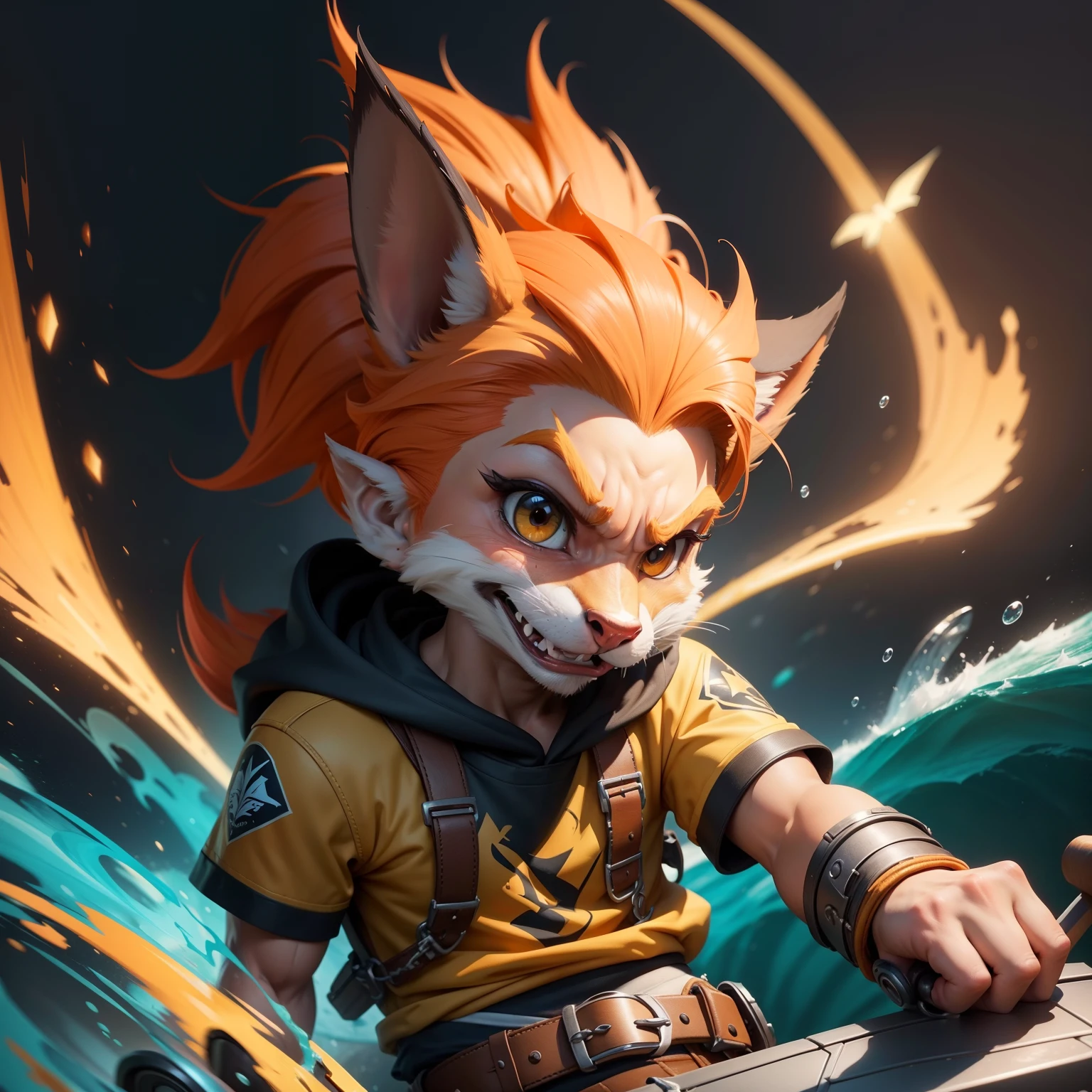 um close up de um personagem de desenho animado segurando um skate, bater bandicoot artstyle, Bater Bandicoot, arte oficial splash, arte chave, iconic character splash art, arte de splash do personagem, Arte Oficial, crash, arte chave do jogo, 3 d render arte oficial, arte conceitual estilizada, arte oficial do personagem, arte da tela inicial, arte estilizada do jogo