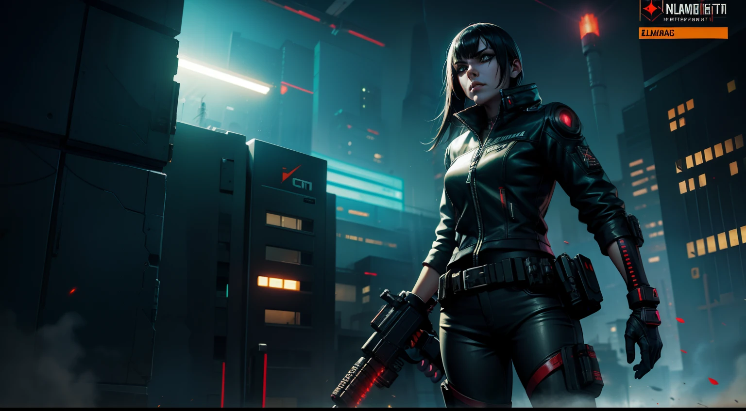 project of realistic ingame cyberpunk female assasin with flamethrower, nightvision, and electroshock gloves, jet boots