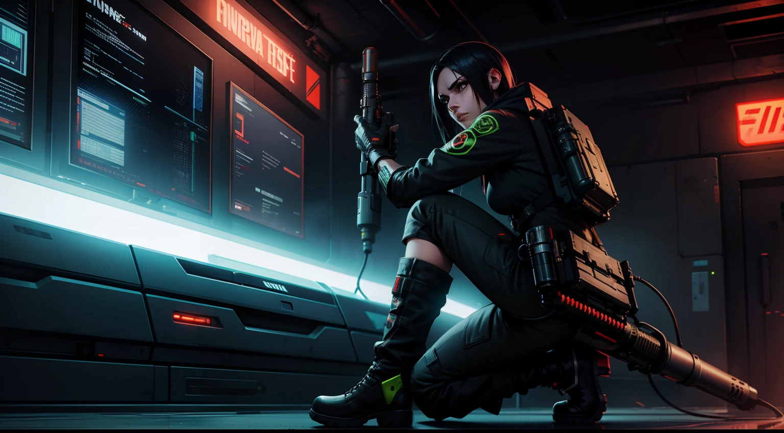 project of realistic ingame cyberpunk female assasin with flamethrower, nightvision, and electroshock gloves, jet boots