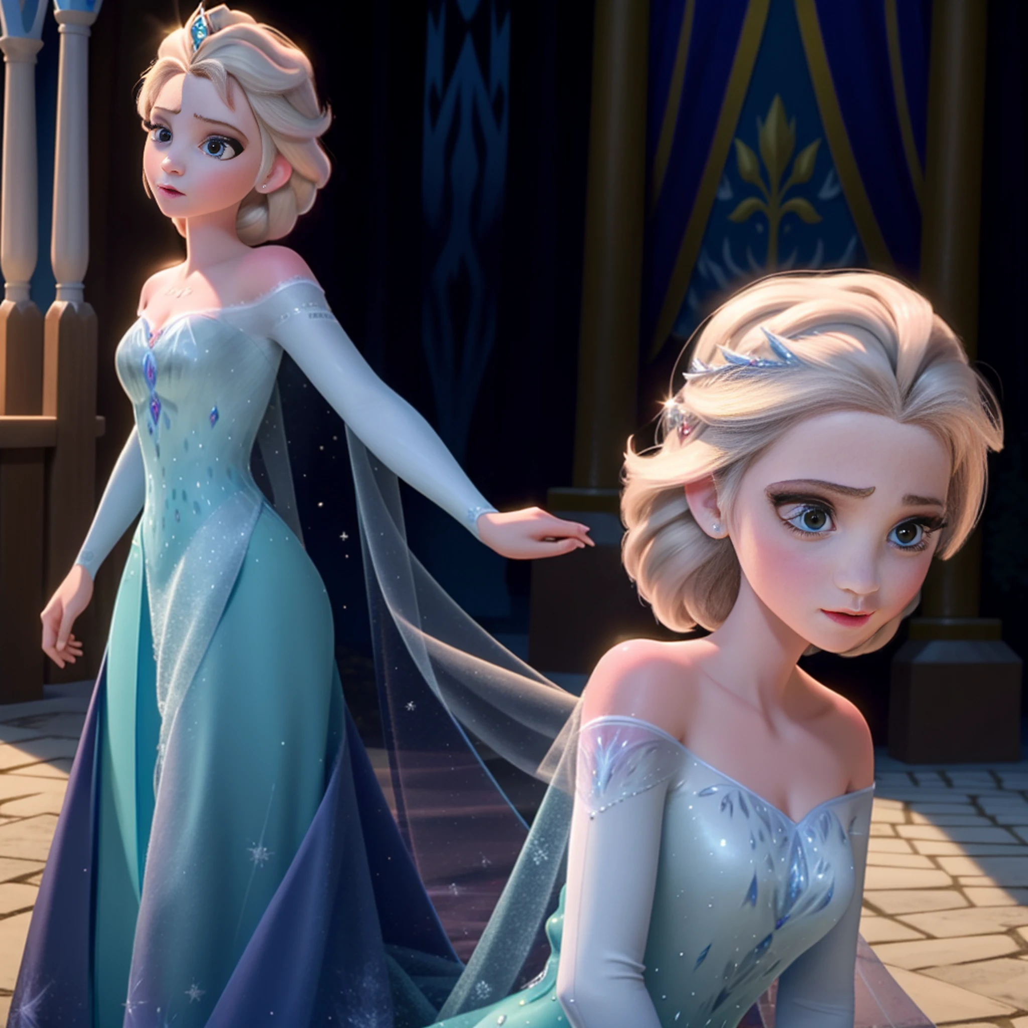 Elsa cold heart naked without clothes bare breasts gives a blowjob to a dwarf sucks a dick
