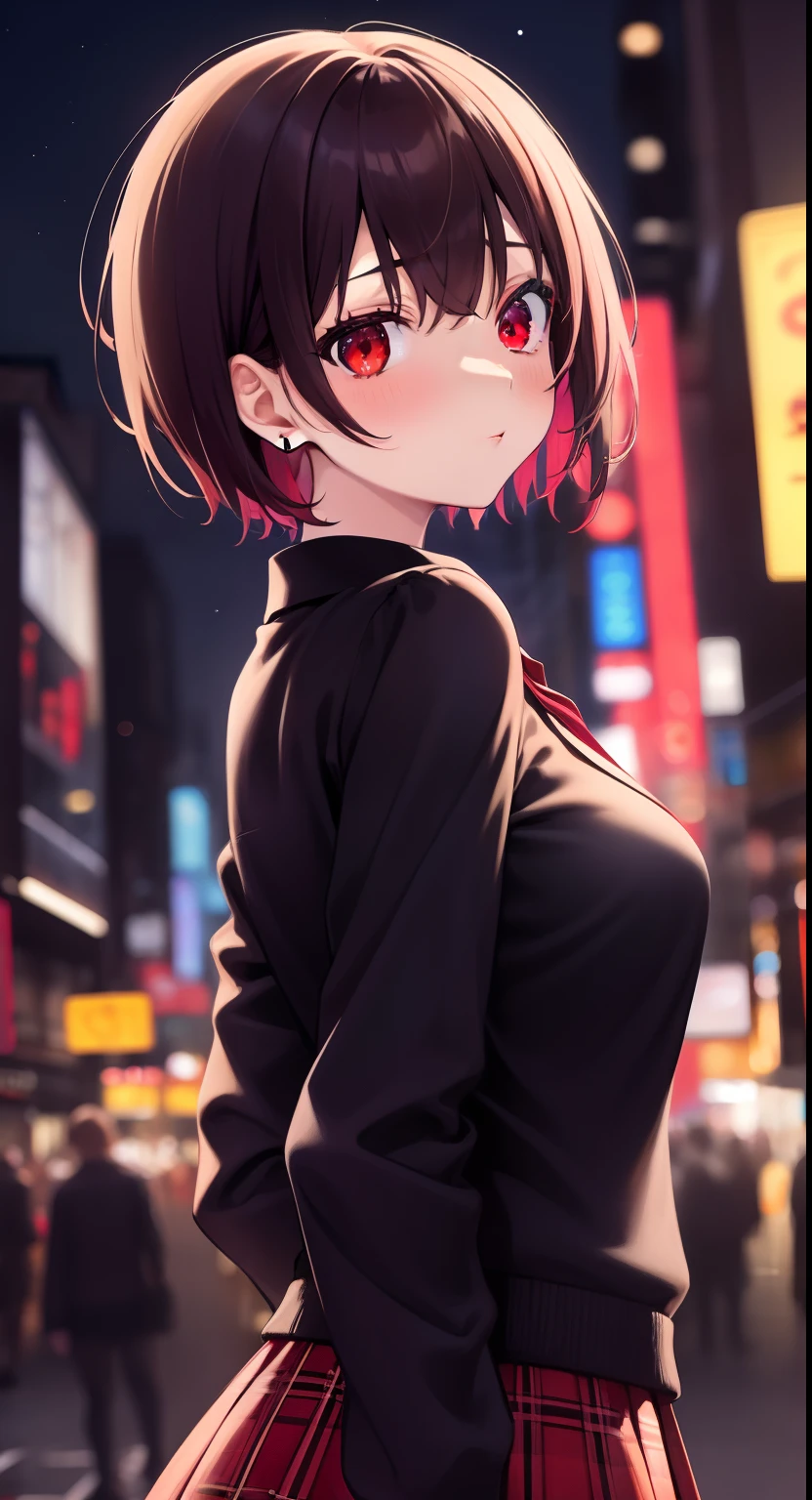 masutepiece, Best Quality, 1girl in, Short hair, Bangs, Red Eyes, Skirt, Looking at Viewer, Night, Street, neons, Looking back, Star \(skyporn\), Large crowds, Upper body