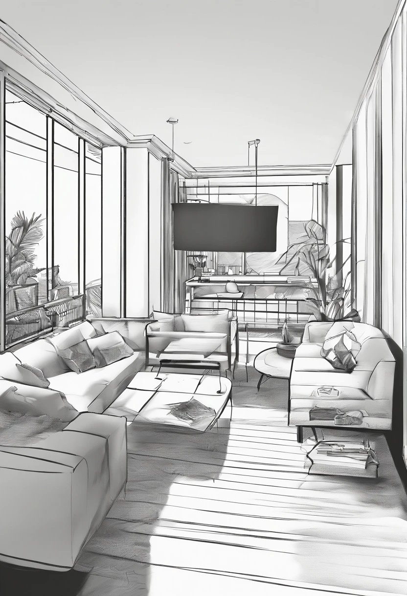 Small living room、Correct perspective、line-drawing、outlines、Medium omission、unmanned