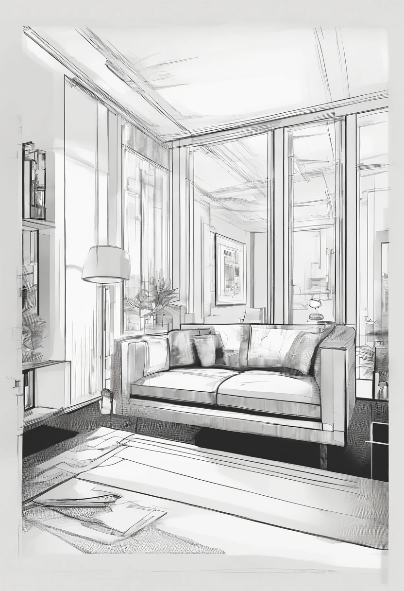 Small living room、Correct perspective、line-drawing、outlines、Medium omission、unmanned