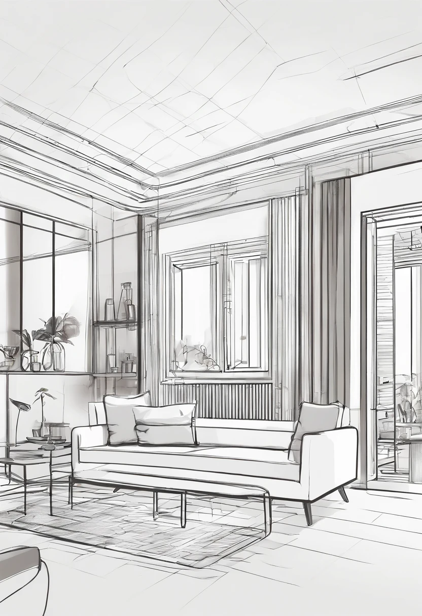 Small living room、Correct perspective、line-drawing、outlines、Medium omission、unmanned