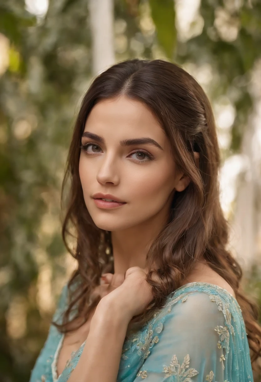Jovem mulher de 25 anos,Com cabelo ruivo longo e cacheado sedoso e macio,Olho azul detalhado e perfeito,Sarda no rosto,Ultra Perfection,Qualidade de cinema,Vestindo um vestido amarelo agua longo, Com uma flor detalhada e perfeita no cabelo,Em um templo antigo,Ultra HD,flawless lighting,Mega HD,Ultra 4K