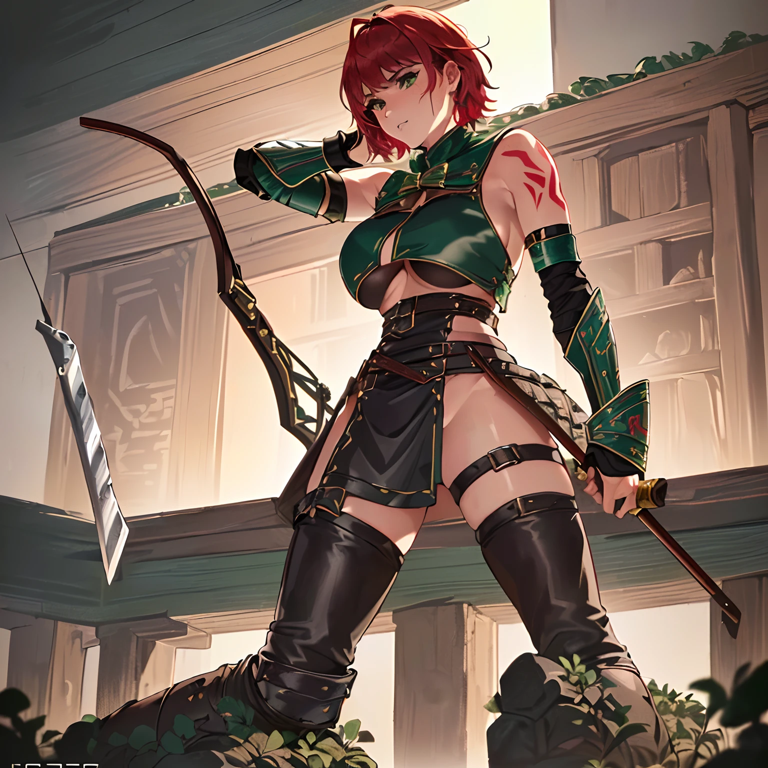 (((wild leather armor))) (((pretty woman))) ((theme fantasy))) (((female Hunter))) (((bow in hand))) (((archery quiver on back))) (((big boobs))) (((short red hair))) (((full body and stand up))) (((woman in florest))) (((dense florest))) (((green tribal body tattoo))) (((close up in face))) (((1 woman))) (((alone)))
