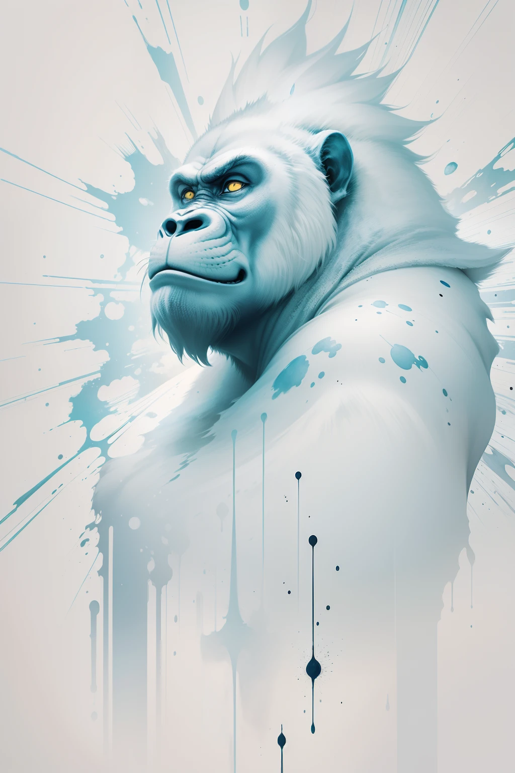 estilo de desenho a tinta minimalista, Ponto de Fuga no Livro Branco, a line art by Tsutomu Nihei depicting the mathematical equation forming the Gorilla from a blue of deep, white particles, raios de luz, splatter de tinta, Dynamic design, arte splash em aquarela incorporada como elementos complementares, capture that time is passing and cannot be recovered.