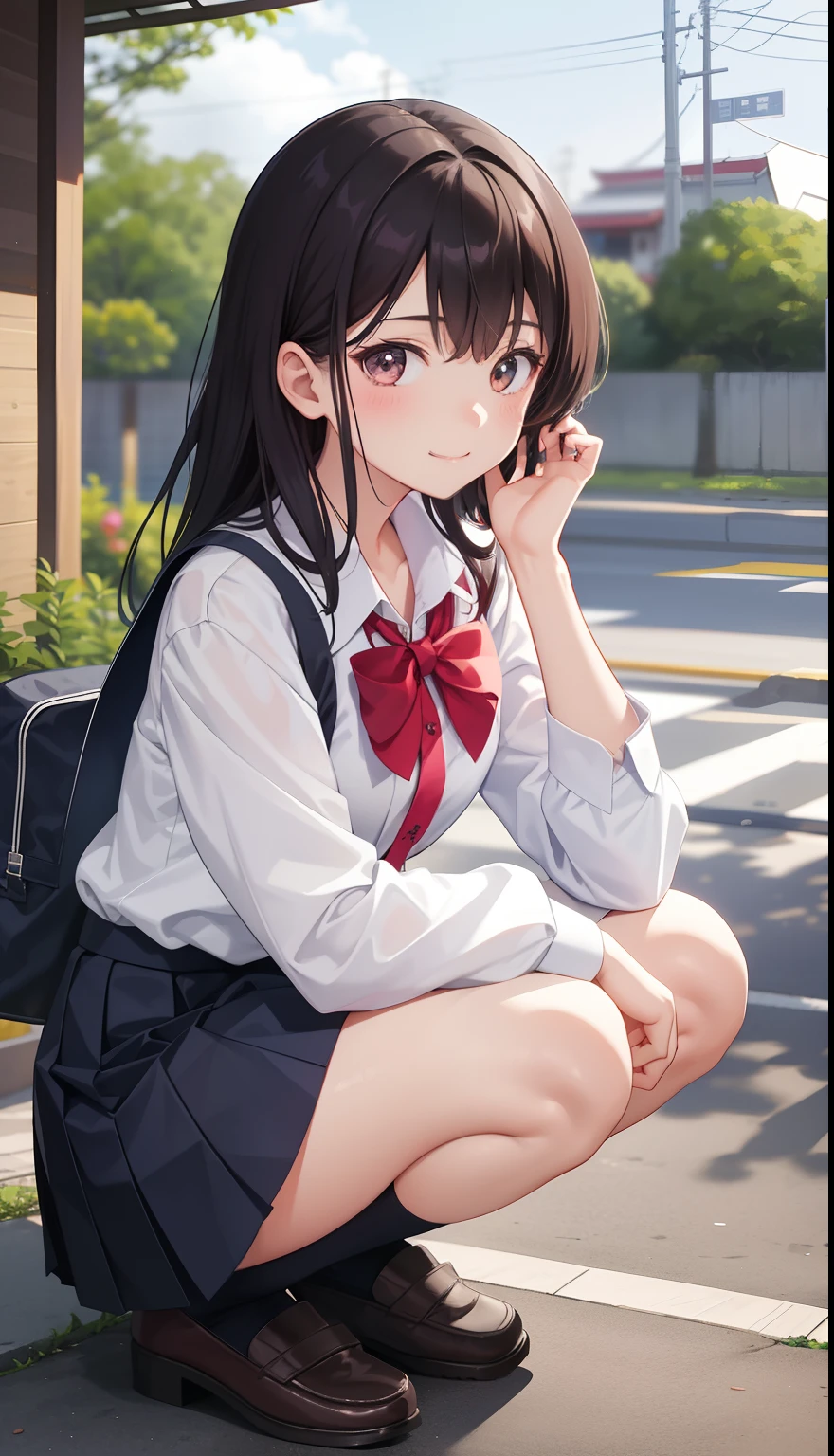 1girl in、A smile、The shirt、skirt by the、(small tits)Chilarism、Japan High School Student Uniform、serafuku、summer clothing、Squall Drenched Uniform、(Sheer Bra)、Upper body portrait、Squatting panchira、