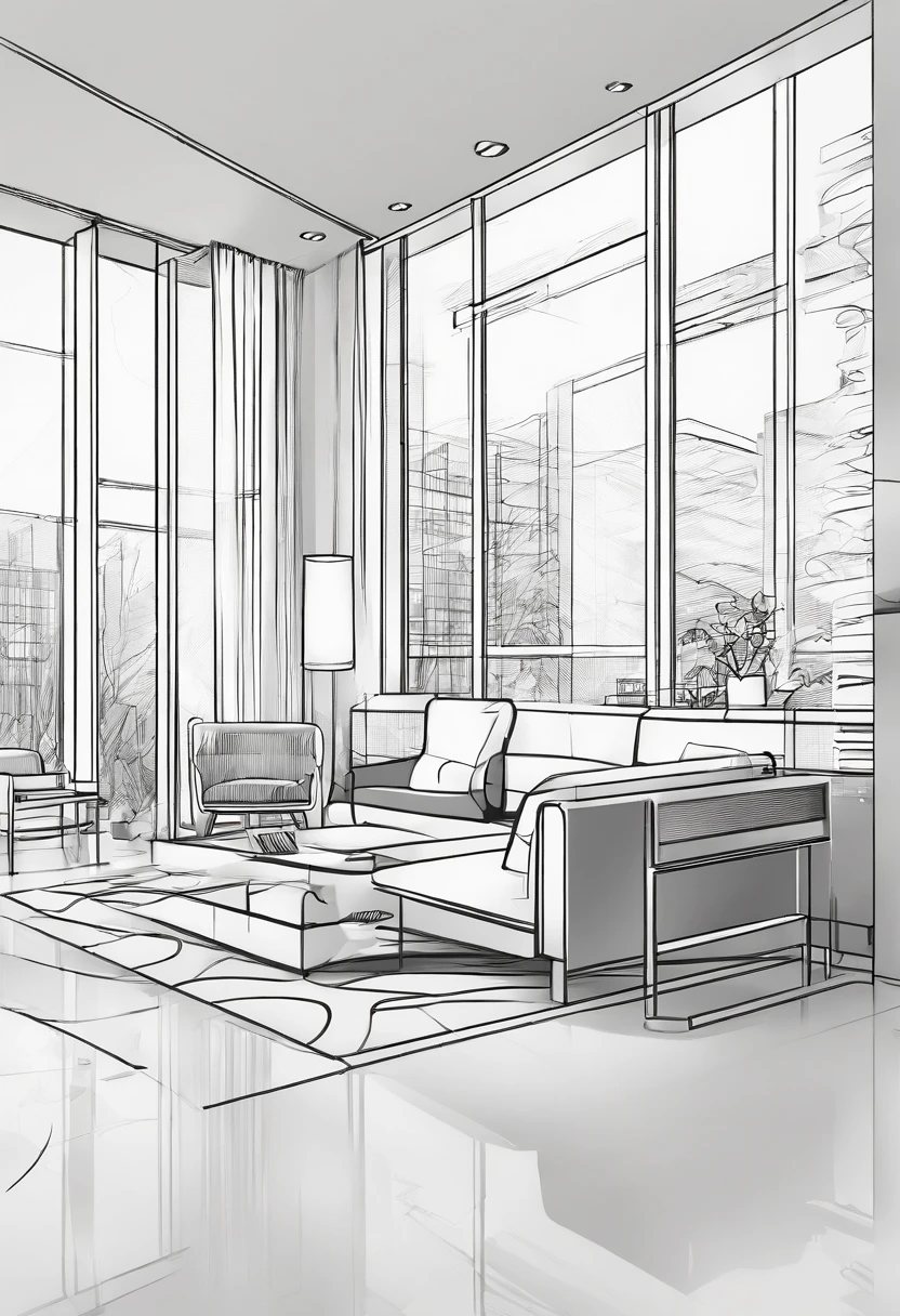 Small living room、Correct perspective、line-drawing、outlines、Medium omission、unmanned