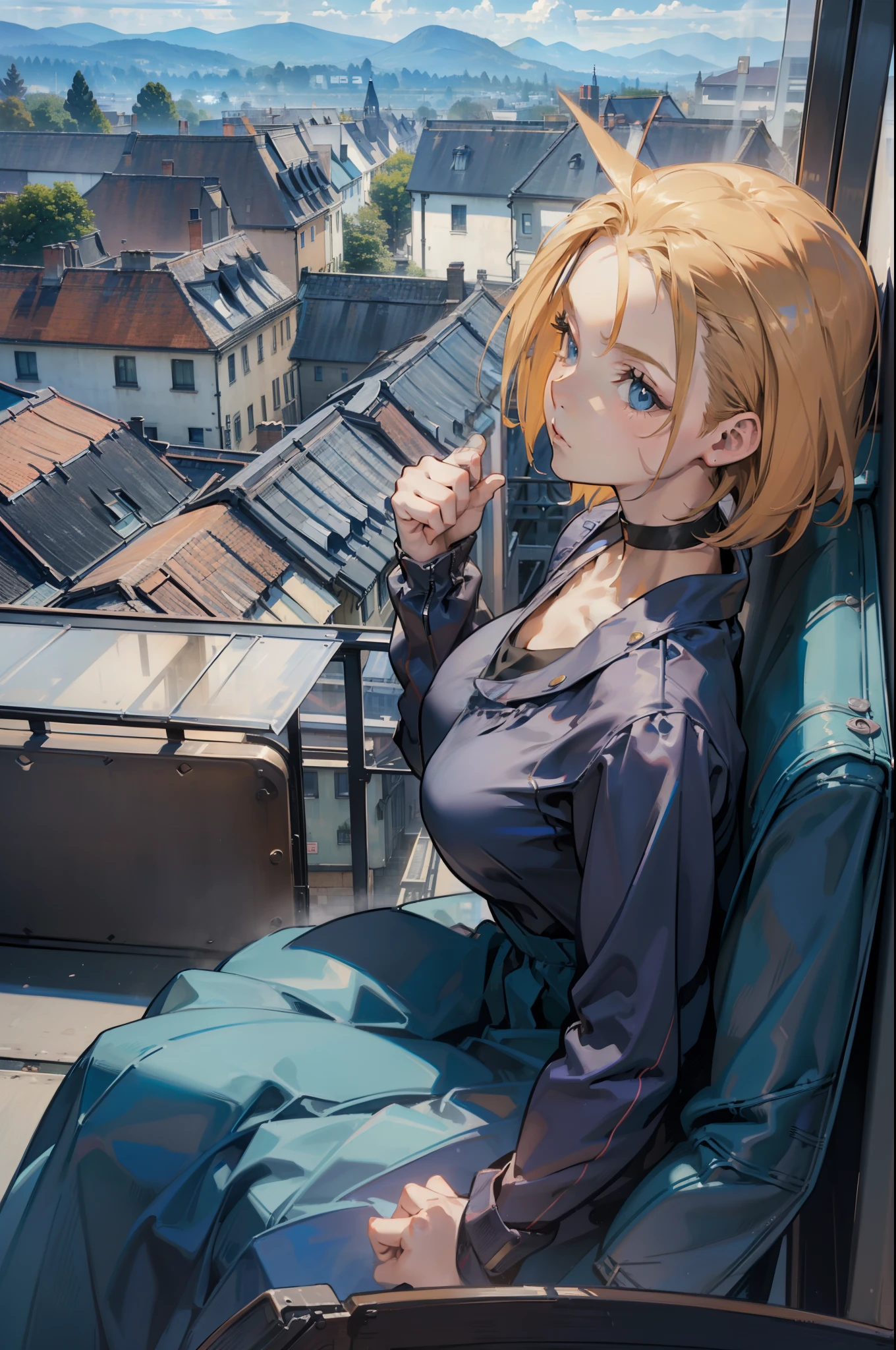 (((1girl sitting on train))),cammy white, short hair, antenna hair, blue eyes, scar on cheek, large breasts, black choker, collarbone,((pullover blue)),((long skirt black)),looking over window, (establishing shot:1.5), (side view:1.5),medium shot:1.2,post impressionism,