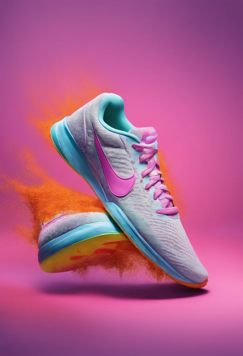 A product photography of a nike shoes, colorful powder, super details, studio lighting, realistic, photo, advertisement