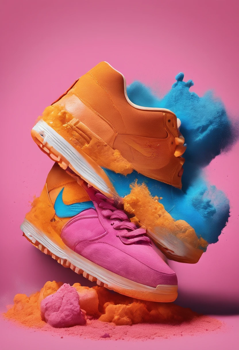 A product photography of a nike shoes, colorful powder, super details, studio lighting, realistic, photo, advertisement