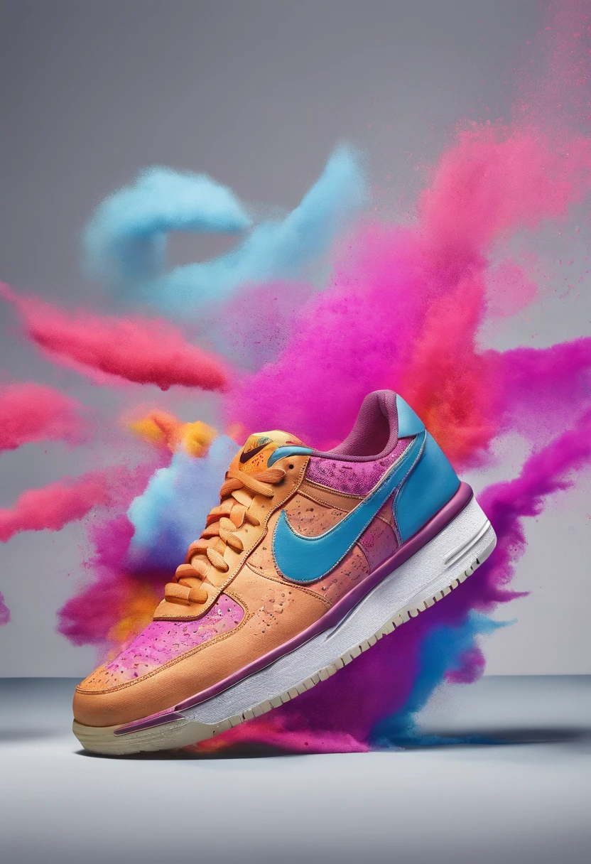 A product photography of a nike shoes, colorful powder, super details, studio lighting, realistic, photo, advertisement