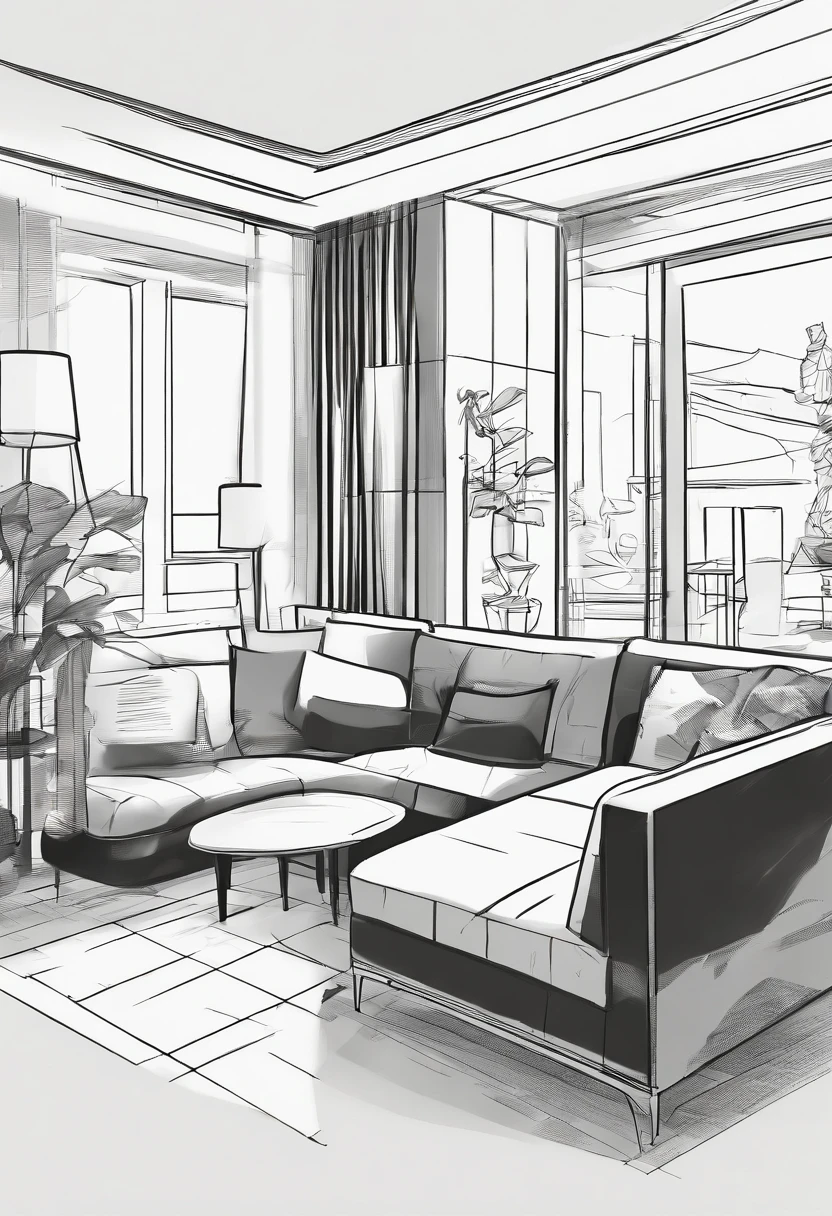 Small living room、Correct perspective、line-drawing、outlines、Medium omission、unmanned