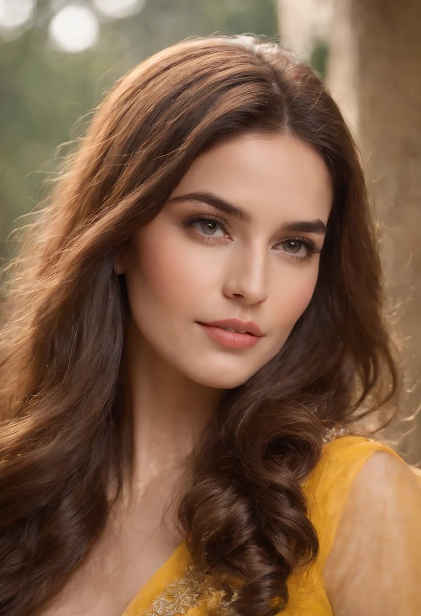 Jovem mulher de 25 anos,Com cabelo ruivo longo e cacheado sedoso e macio,Olho azul detalhado e perfeito,Sarda no rosto,Ultra Perfection,Qualidade de cinema,Vestindo um vestido amarelo agua longo, Com uma flor detalhada e perfeita no cabelo,Em um templo antigo,Ultra HD,flawless lighting,Mega HD,Ultra 4K