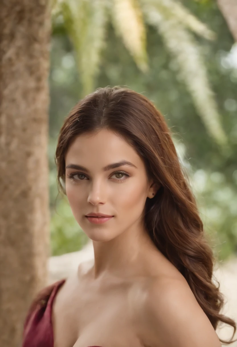Jovem mulher de 25 anos,Com cabelo ruivo longo e cacheado sedoso e macio,Olho azul detalhado e perfeito,Sarda no rosto,Ultra Perfection,Qualidade de cinema,Vestindo um vestido amarelo agua longo, Com uma flor detalhada e perfeita no cabelo,Em um templo antigo,Ultra HD,flawless lighting,Mega HD,Ultra 4K