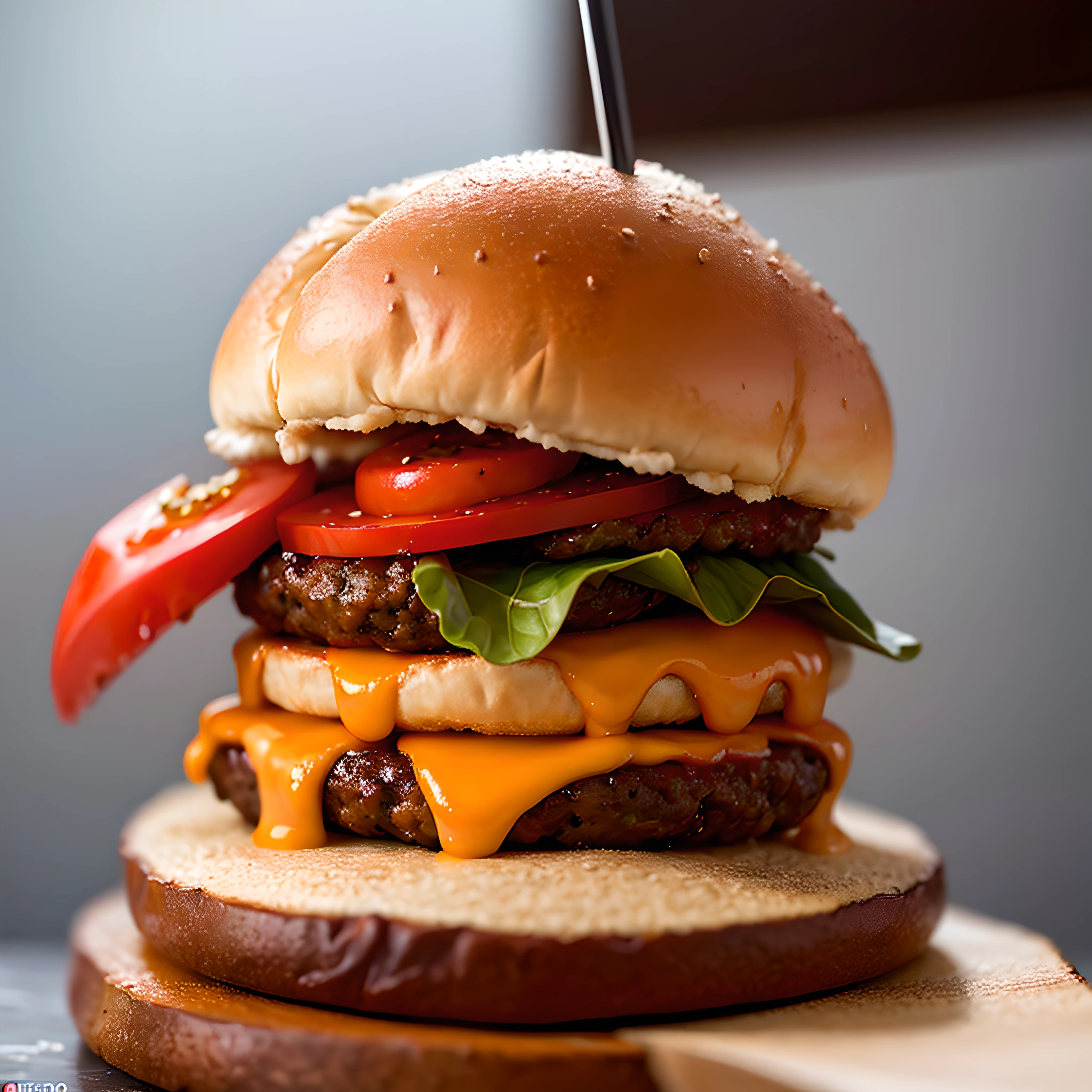 A burger falling into juicy pieces, saboroso, hot, foto promocional, detalhes intrincados, HDR, cinemactic, Adobe Lightroom, altamente detalhado, (fofo, Chibi) Cheeseburger with big bread, alface, Tomate fresco, muito ketchup, em um dinossauro