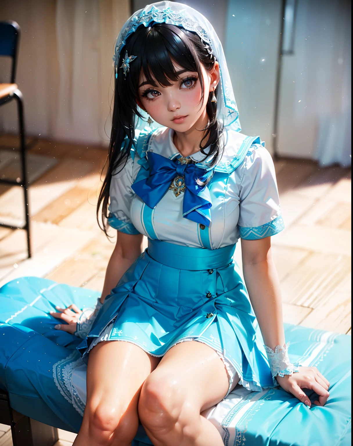 (((sitting))) (masterpiece), best quality, detailed black hair, (((wearing a realistic and detailed white and light blue short skirt and school costume))) detailed perfect skin, intricate perfect beauty face, detailed sharp beauty eyes, (((from face to the waist))), (((beauty slim shape))), 4k, UHD
