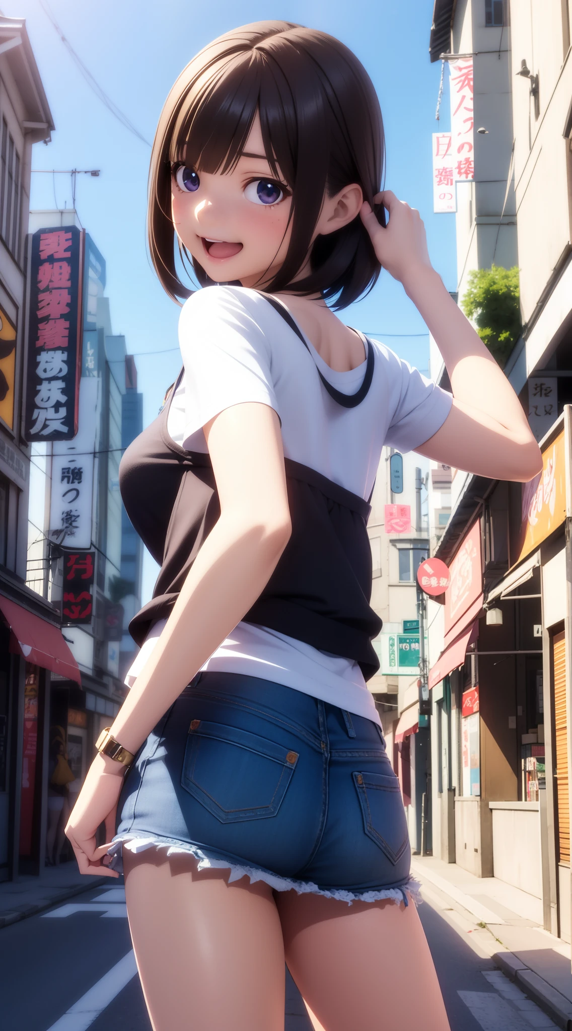 1人の女性、((3d anime))、kawaii、18year old、shiny brown hair、Bob Hair、Random Poses、Random attire、Cute clothes、Laughing、sexypose、Dating in the city、a miniskirt、Pretty clothes、low angles、